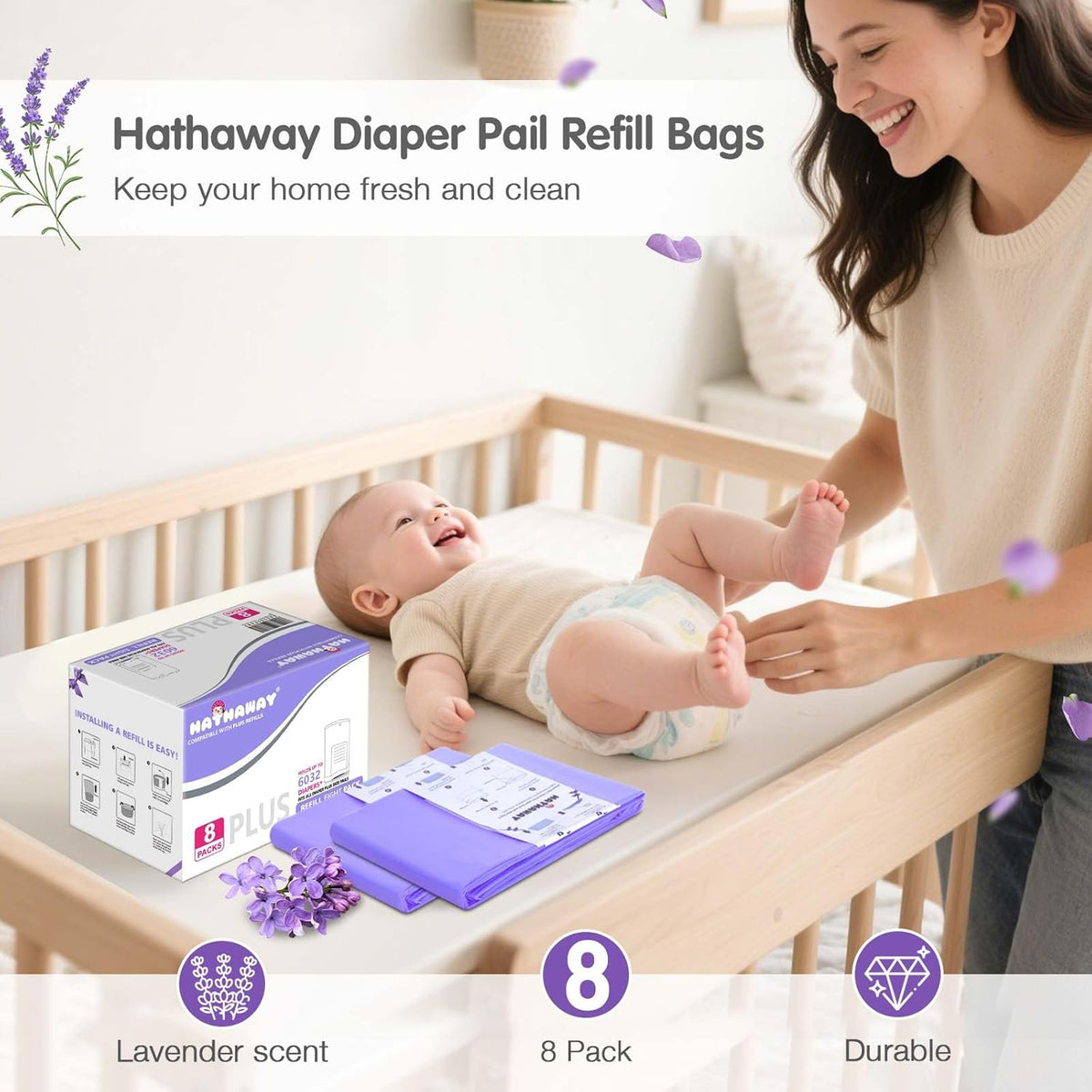 Diaper Pail Refill Bags Compatible With Dekor Plus Diaper Pail, Extra 30% Length, Lavender Scent, 8