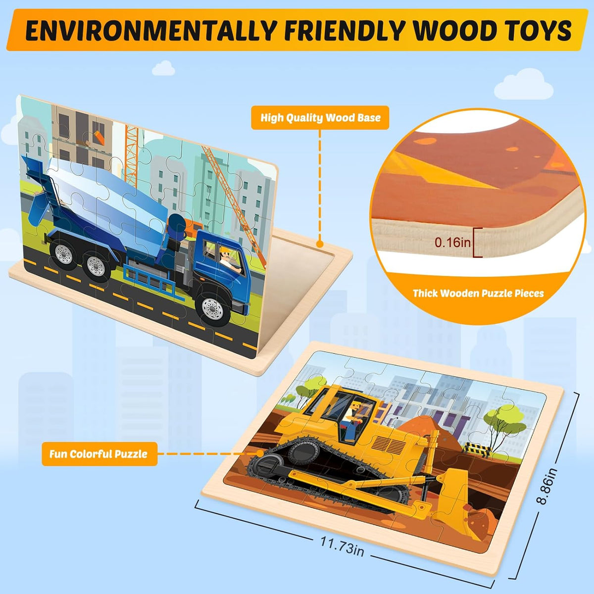 Wooden Puzzles for Kids Ages 4-6, 4 Packs 24 PCS Construction Vehicle Jigsaw Puzzles for Kids Ages