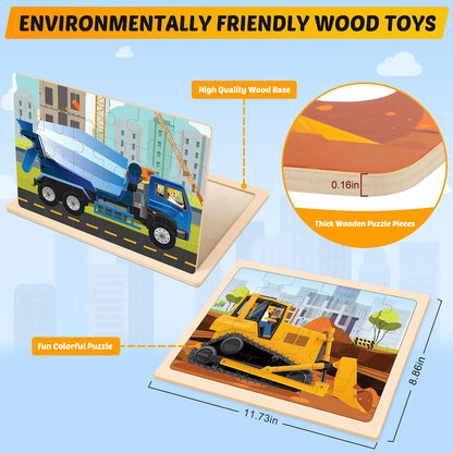 Wooden Puzzles for Kids Ages 4-6, 4 Packs 24 PCS Construction Vehicle Jigsaw Puzzles for Kids Ages