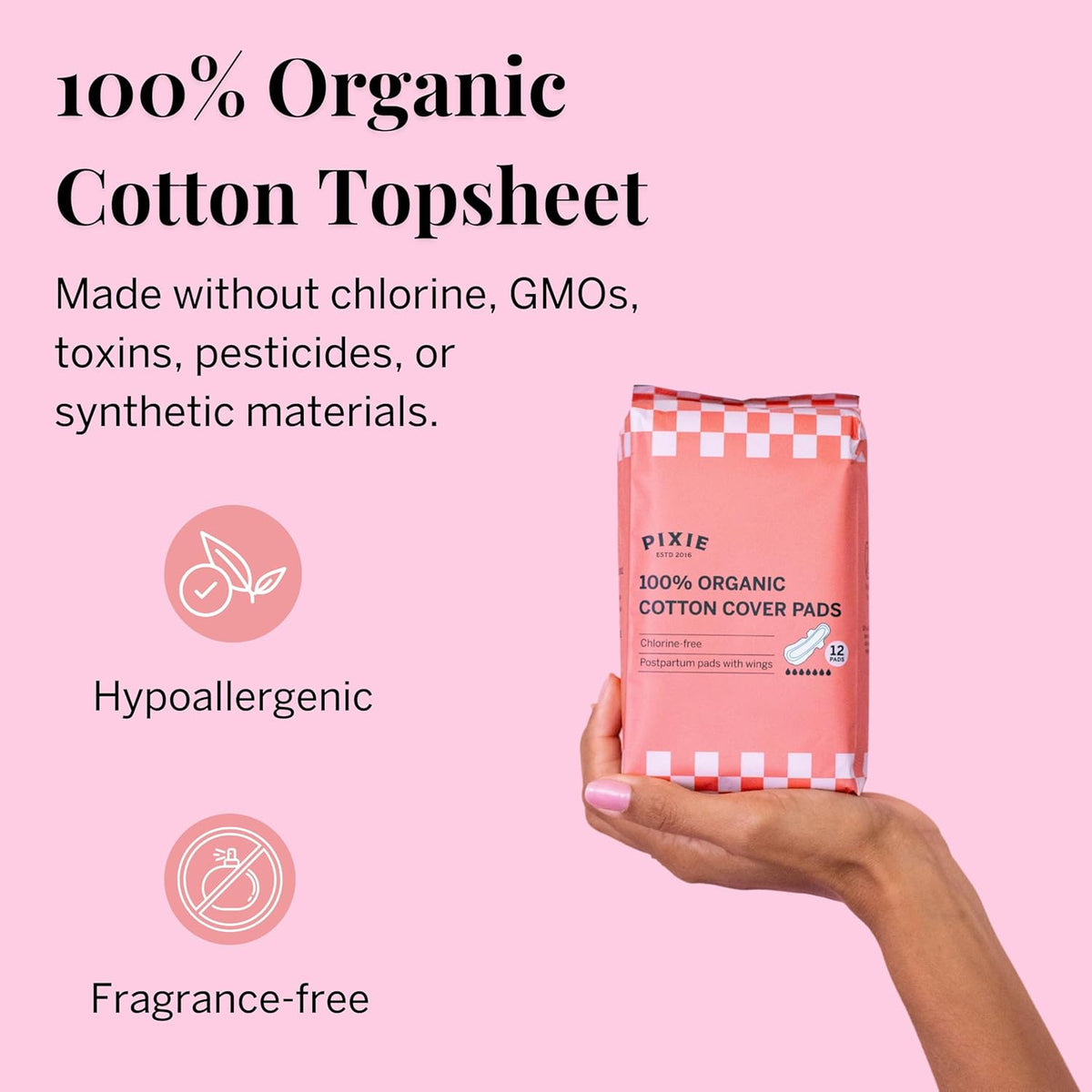 Pixie Organic Cotton Postpartum Pads for Women - Extra Heavy Absorbency with Wings - Leak-Proof