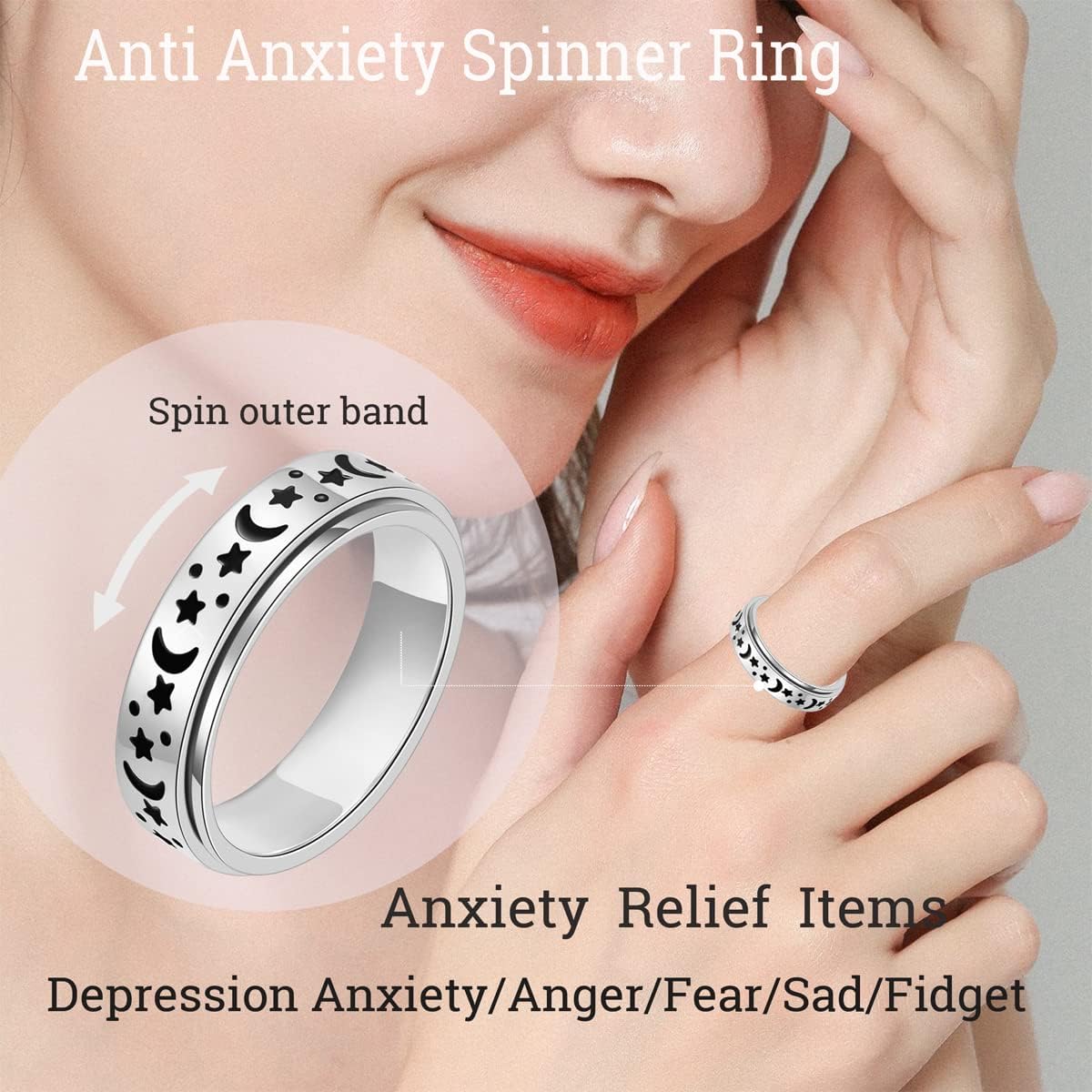 OreilleStar Anxiety Ring for Women Fidget Spinner Rings Stainless Steel Silver Color Size 6