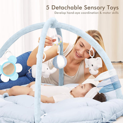ANGELBLISS 5 in 1 Baby Play Gym Mat, Reversible Tummy Time Mat with 5 Sensory Toys for Stage-Based