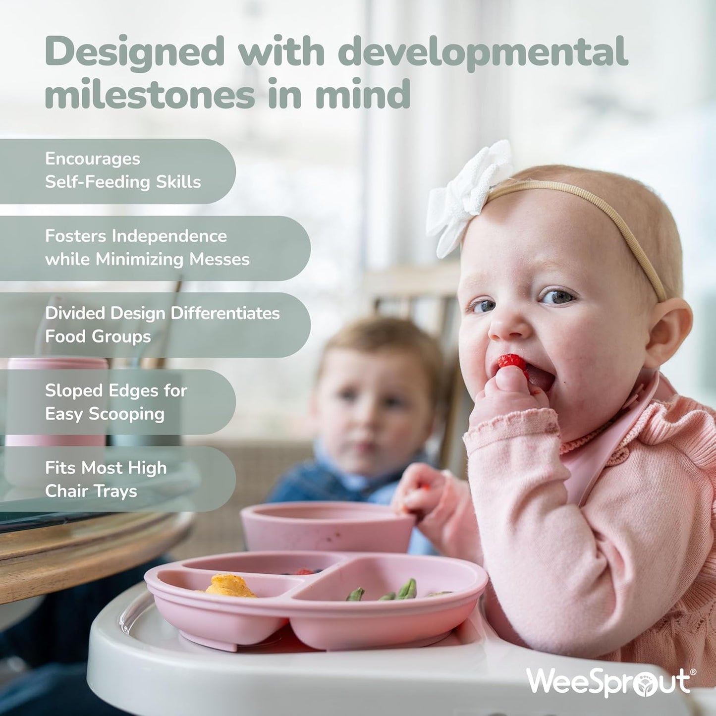 WeeSprout Suction Plates for Babies & Toddlers - 100% Silicone, Dinnerware Stays Put, Divided