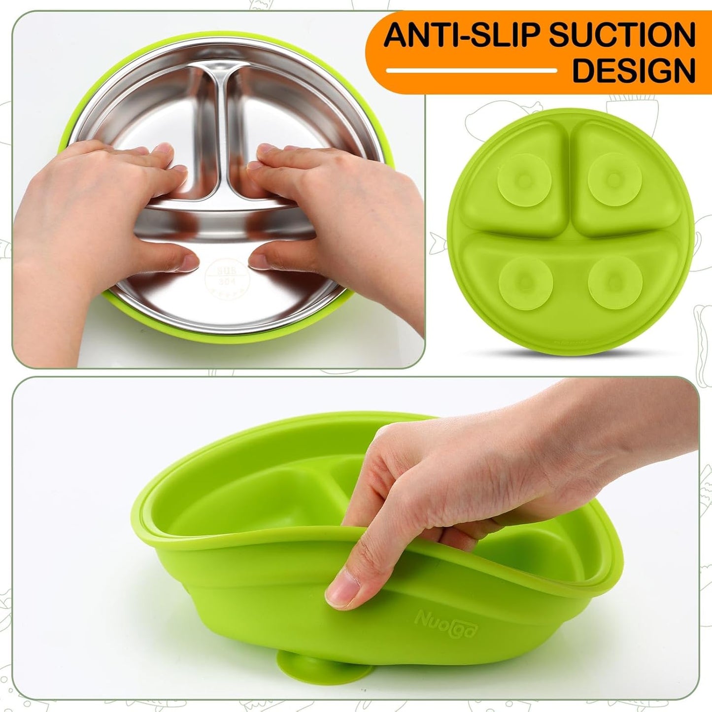 Nuogo 2 Pcs Stainless Steel Baby Suction Plates with Removable Silicone Shell 2-in-1 Metal Toddler