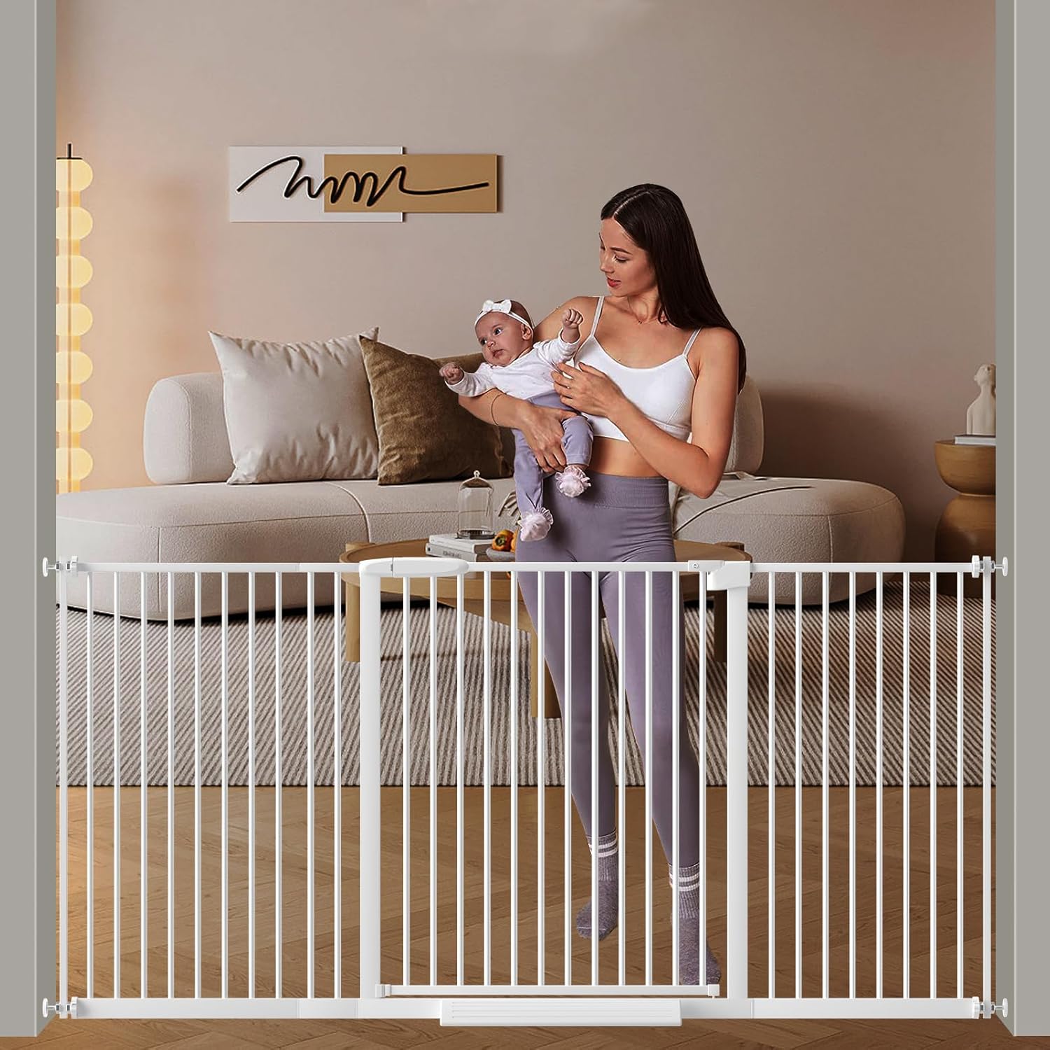 DEARBB Extra Wide Baby Gate Ultra Narrow Spacing 30.11-77.36" Pressure Mounted Double Lock Swing