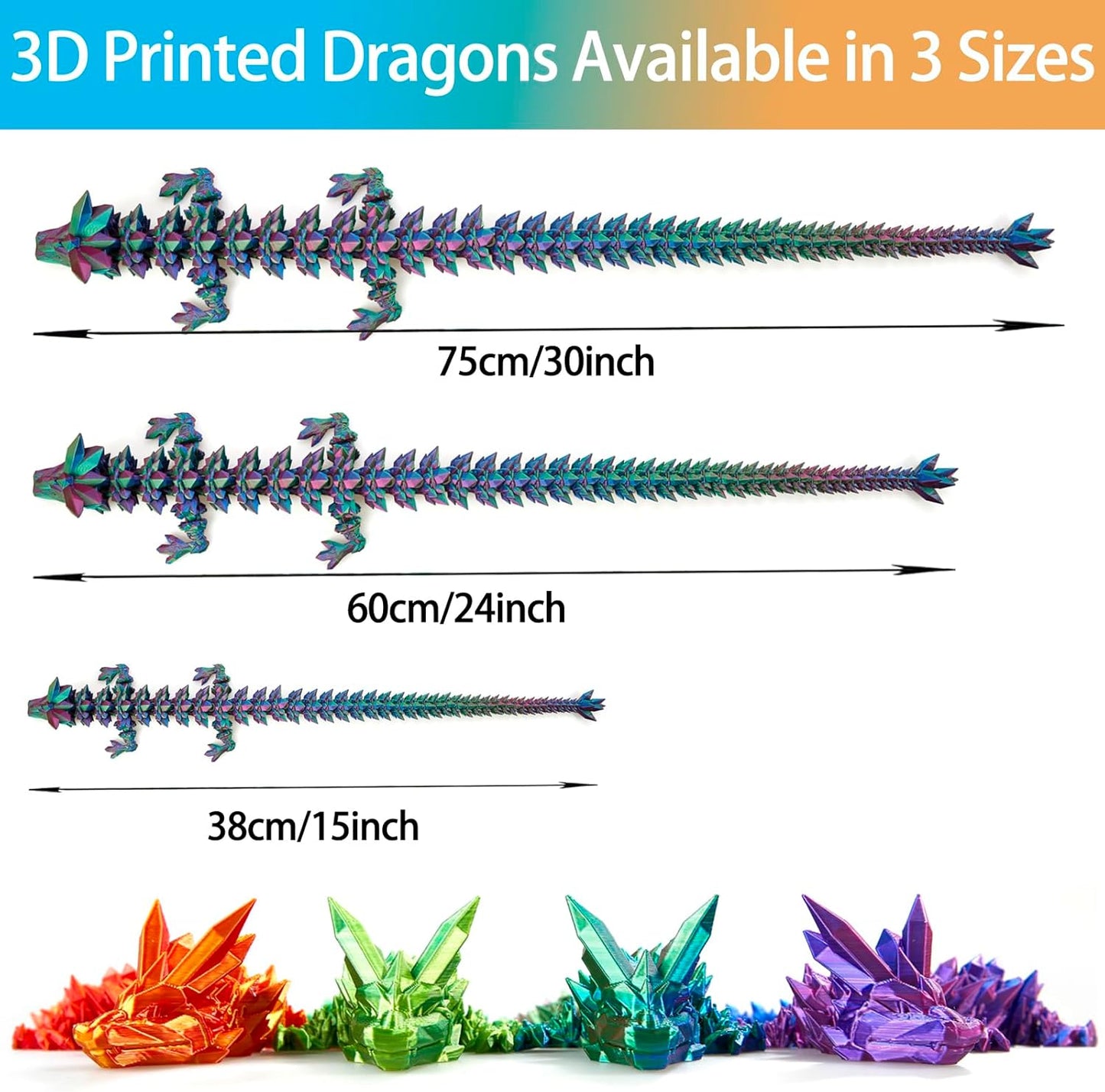 3D Printed Dragon, 3D Dragon ,30 Inch 3D Printed Fidget Dragon, Bigger Fidget Crystal Dragon Toys