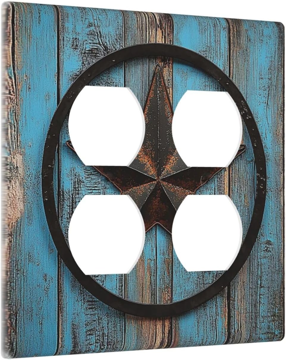 Outlet Covers Rustic Wood Country Barn Texas Star On Teal 2 Gang Double Duplex Decorative Light