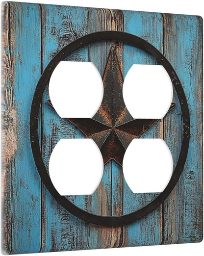 Outlet Covers Rustic Wood Country Barn Texas Star On Teal 2 Gang Double Duplex Decorative Light