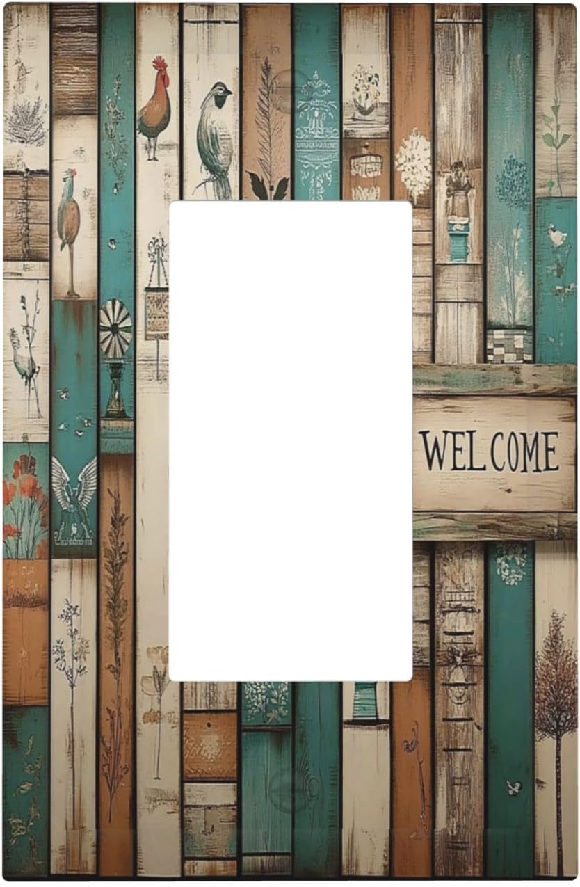 Decorative Outlet Covers Vintage Wood Brown Turquoise Splicing 1 Gang Single Rocker Light Switch