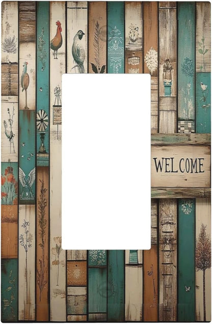 Decorative Outlet Covers Vintage Wood Brown Turquoise Splicing 1 Gang Single Rocker Light Switch