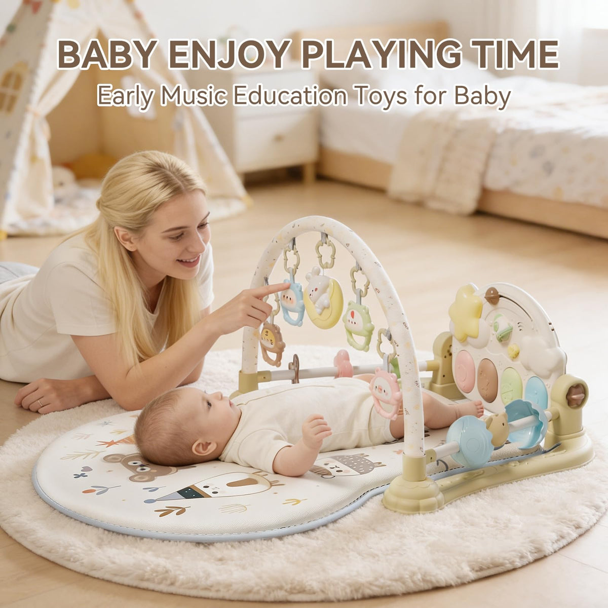 YOULEBITOYS Baby Play Gym Mat - Funny Play Piano Activity Playmat with 5 Infant Learning Detachable