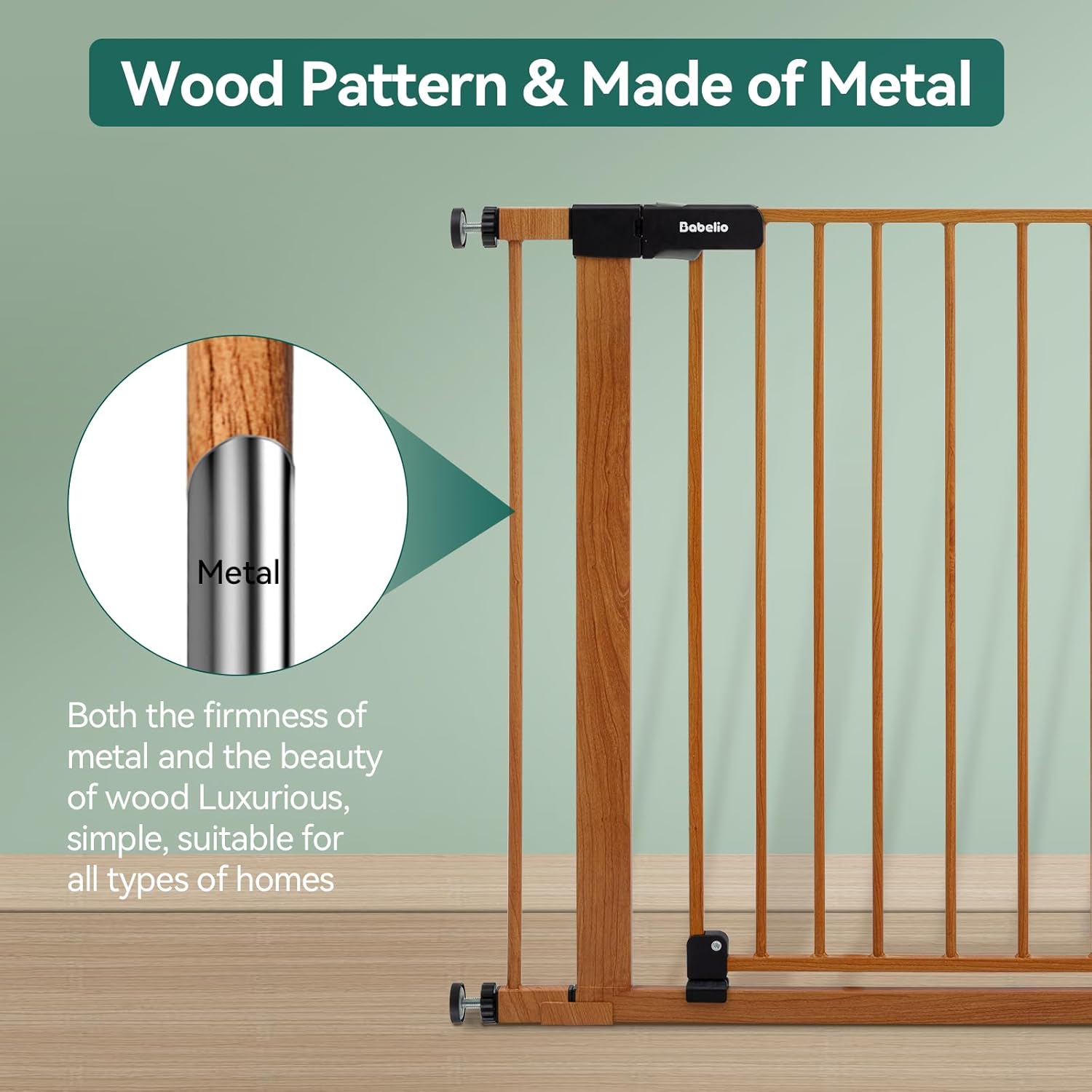 BABELIO 29-48" Metal Baby Gate with Brown Wood Pattern, Auto Close Dog Gate for The House, Stairs