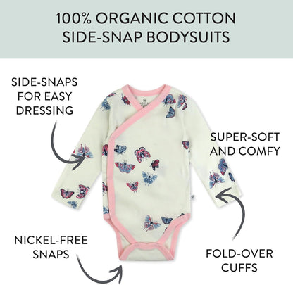 HonestBaby unisex-baby 3-pack Long Sleeve Side-snap Kimono Bodysuits Organic Cotton for Infant Baby