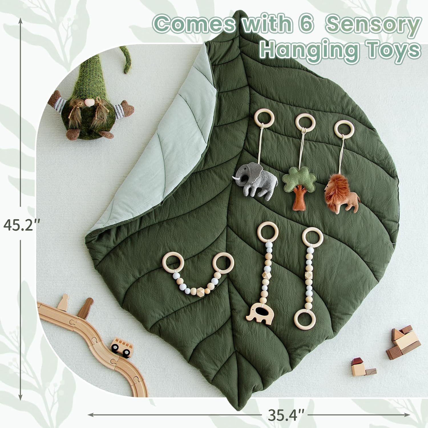 Razee Wooden Baby Play Gym Activity Mat, Leaf Shaped Play Mat Baby Gym with 6 Hanging Sensory Toys