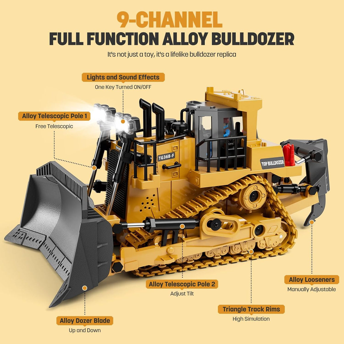 9-Channel Metal RC Bulldozer - Realistic Remote Control Kids Construction Play Toys with Lights and