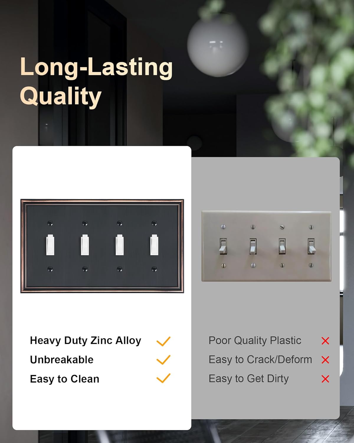 2-Pack Quad Toggle Light Switch Cover Plate, Durable Zinc Alloy Decorative Switch Plate Covers