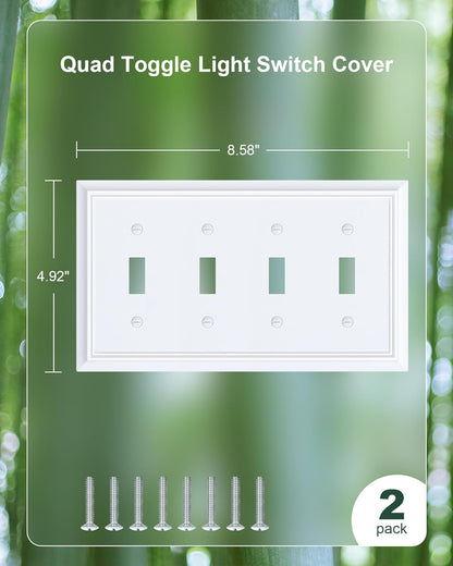 2-Pack Quad Toggle Light Switch Cover Plate, Pure White Decorative Switch Plate Covers, Natural