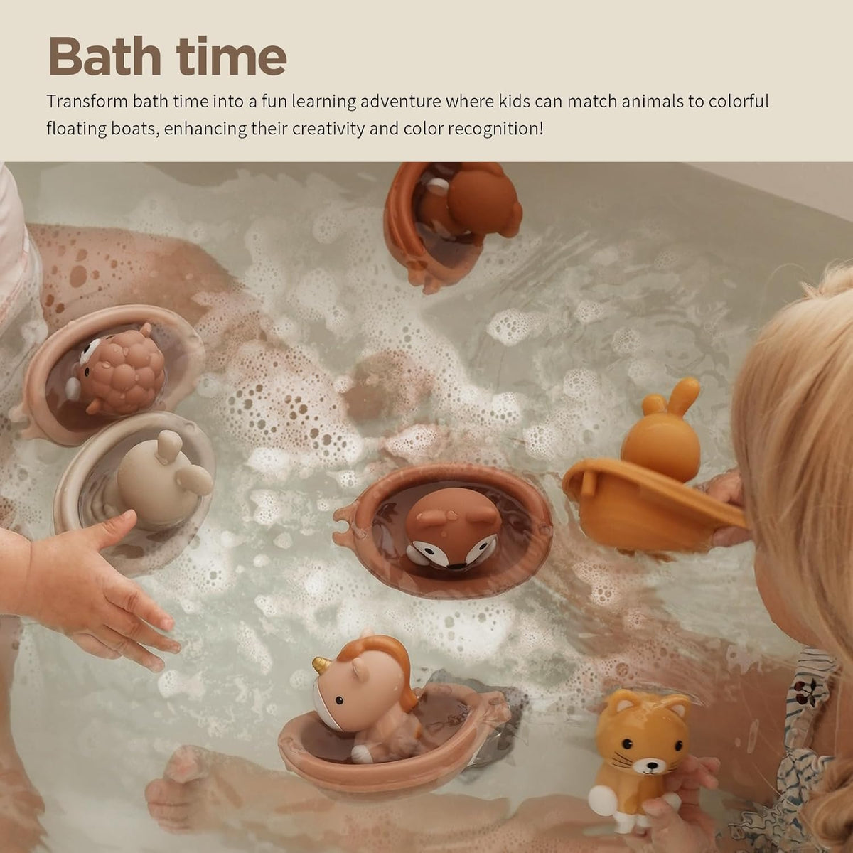 Nueplay Bathtub Toys for Toddlers 18M+，Baby Bath Toys with Animal Finger Puppets， Stackable Boat