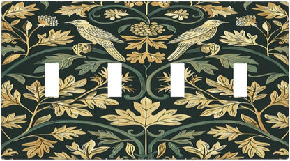 Light Switch Covers William Morris Vintage Botanical Birds Golden Green Leaves Quad Toggle
