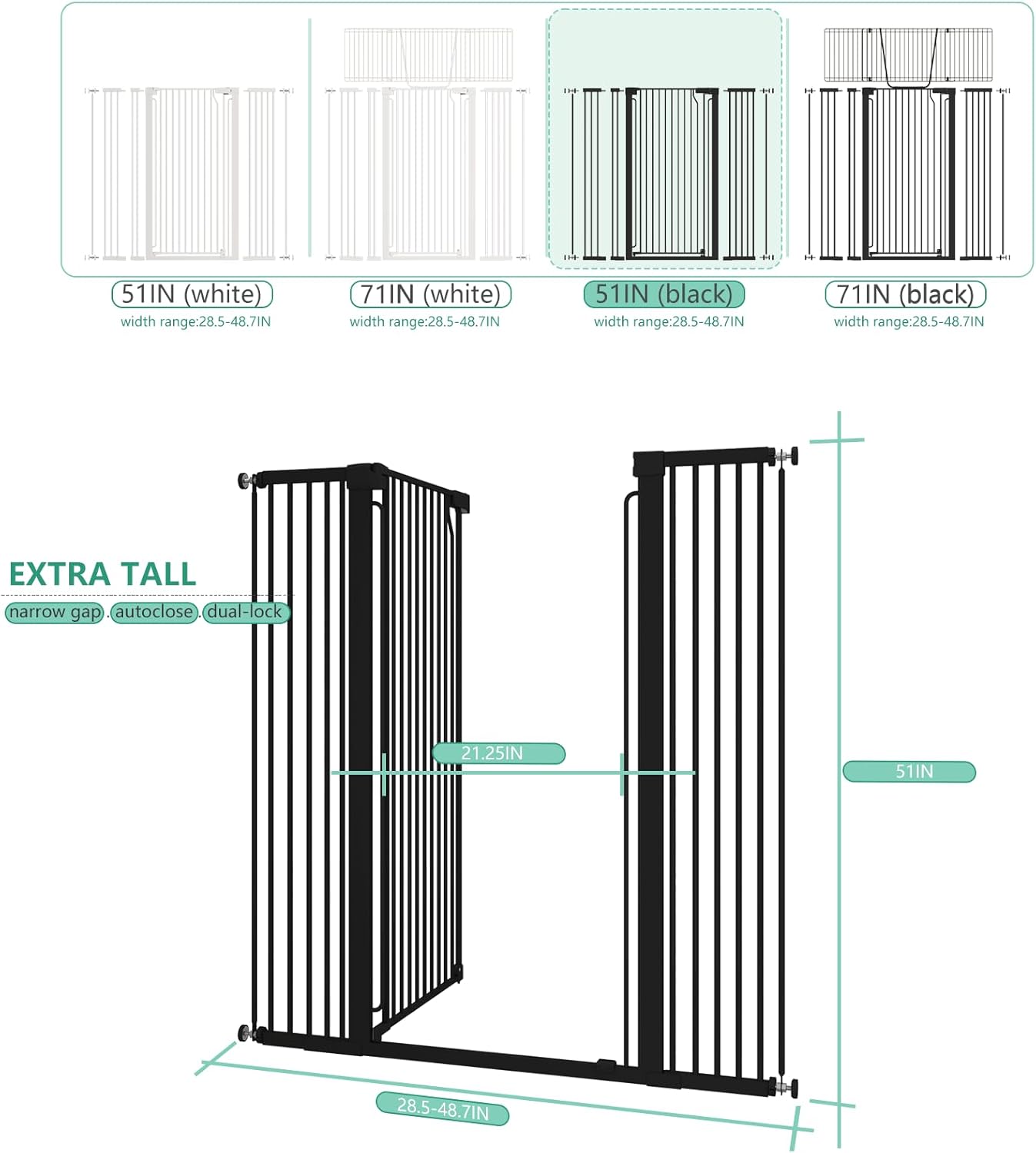 51" Extra Tall Cat Gate for Doorway Auto Close Encrypted Cat Gate 28.5"-48.7" Adjustable Width Pet