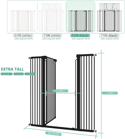 51" Extra Tall Cat Gate for Doorway Auto Close Encrypted Cat Gate 28.5"-48.7" Adjustable Width Pet
