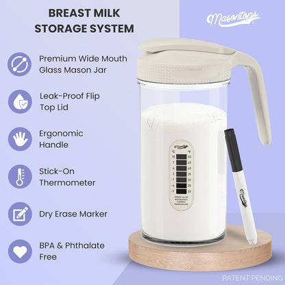 Masontops Breast Milk Storage Kit - 24oz Airtight Mason Jar with Handle, Marker & Stick-on