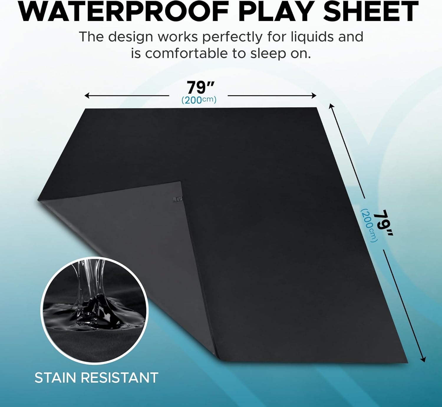 Black Waterproof Flat Play Sheet (79”x79”), Mattress Topper, Protector Cover, Safe with Oil