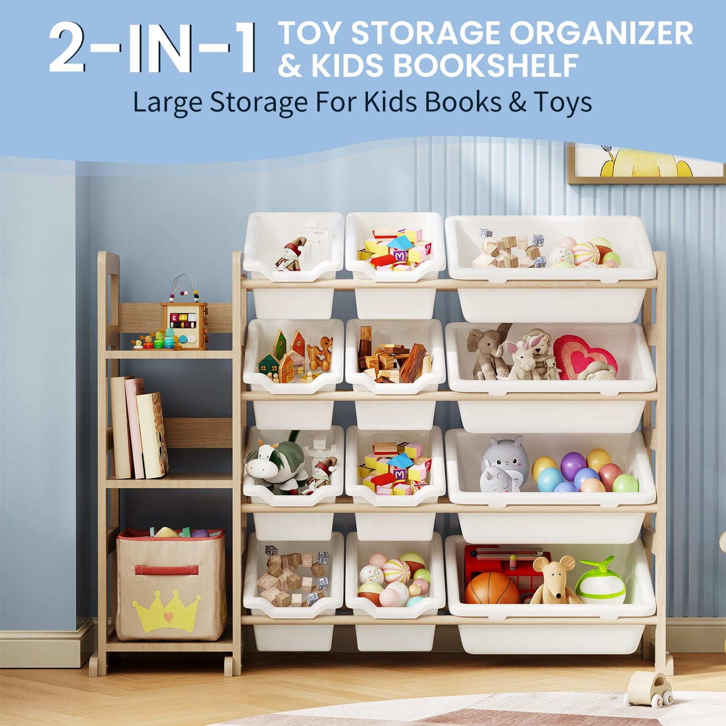 Toy Storage Organizer - Toy Organizers and Storage with Bookshelf, Toy Storage Shelf with 3 Shelves