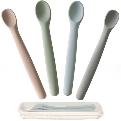 Moonkie Silicone Baby Spoons Set of 4, Two Sizes Feeding Spoon for First Stage 4+ Months, Baby
