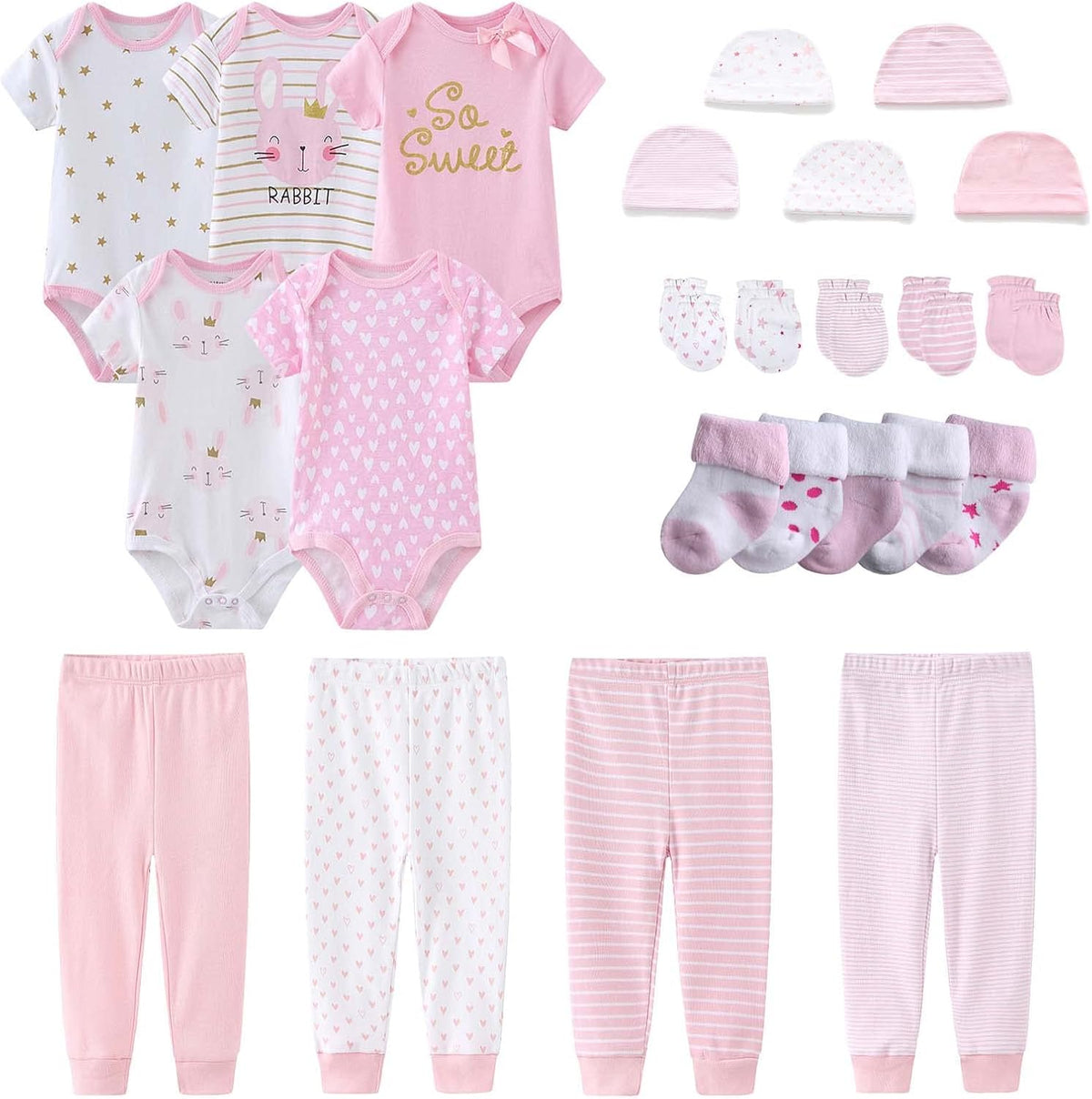 Newborn Layette Gift Set Bodysuits Pants for Baby Girl and Boy 24 Piece 100% Cotton Essentials and