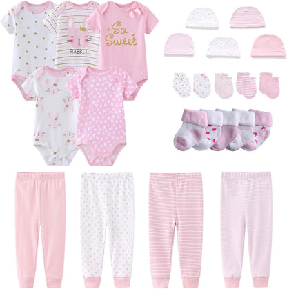 Newborn Layette Gift Set Bodysuits Pants for Baby Girl and Boy 24 Piece 100% Cotton Essentials and