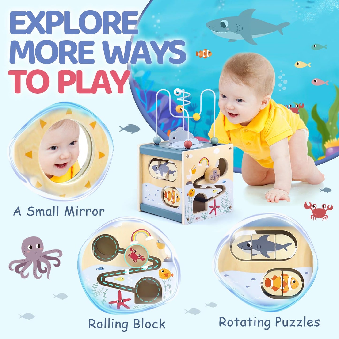 Airlab Wooden Activity Cube Montessori Toys for Boys Girls, Ocean