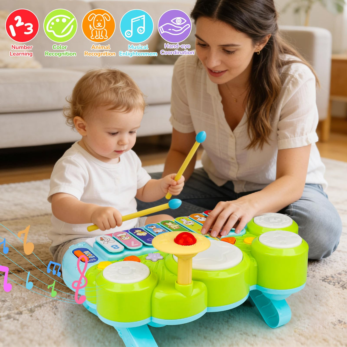 Baby Piano Drum Set for Toddlers, 3-in-1 Baby DJ Table Musical Toys Piano Keyboard Xylophone Drum