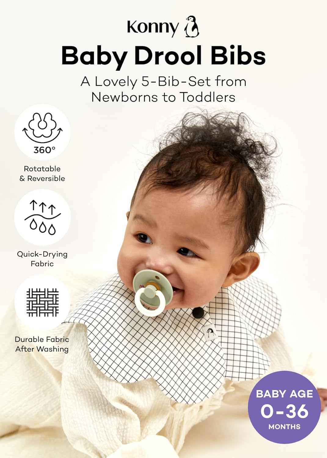 Konny Baby Bibs 5-Pack, 360 ° Rotate, Soft and Absorbent Bandana Drooling for Boys Girls baby