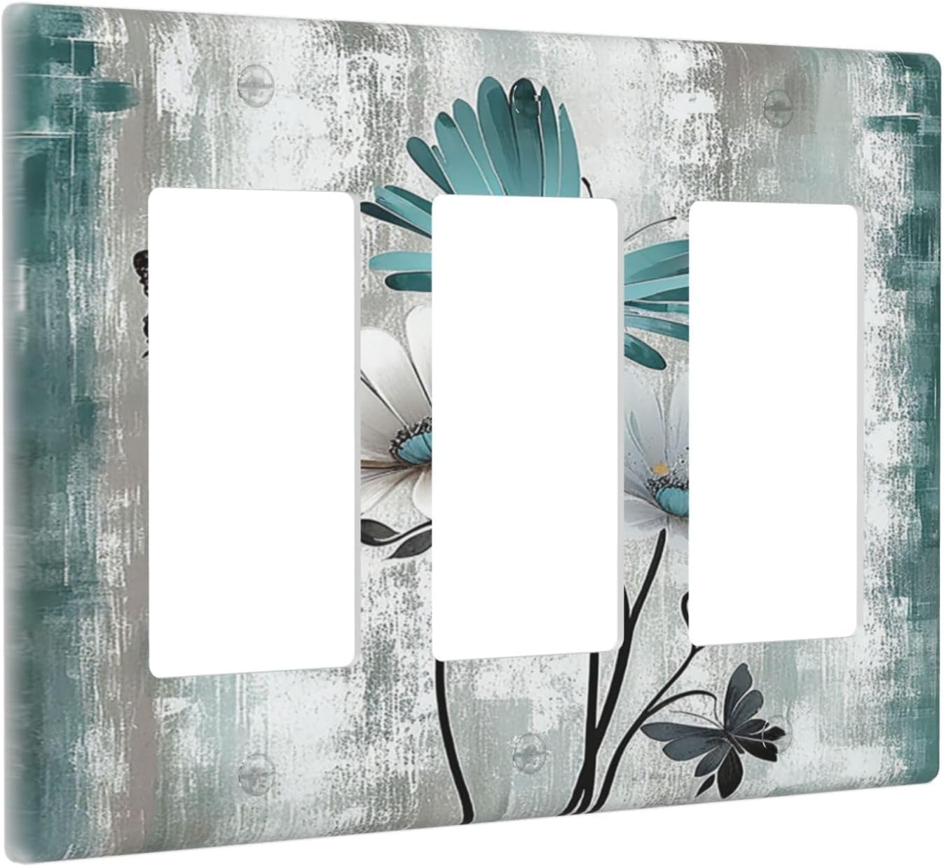 Light Switch Covers Rustic Teal Daisy Floral Flowers Butterfly Wood Grain 3 Gang Rocker Electrical