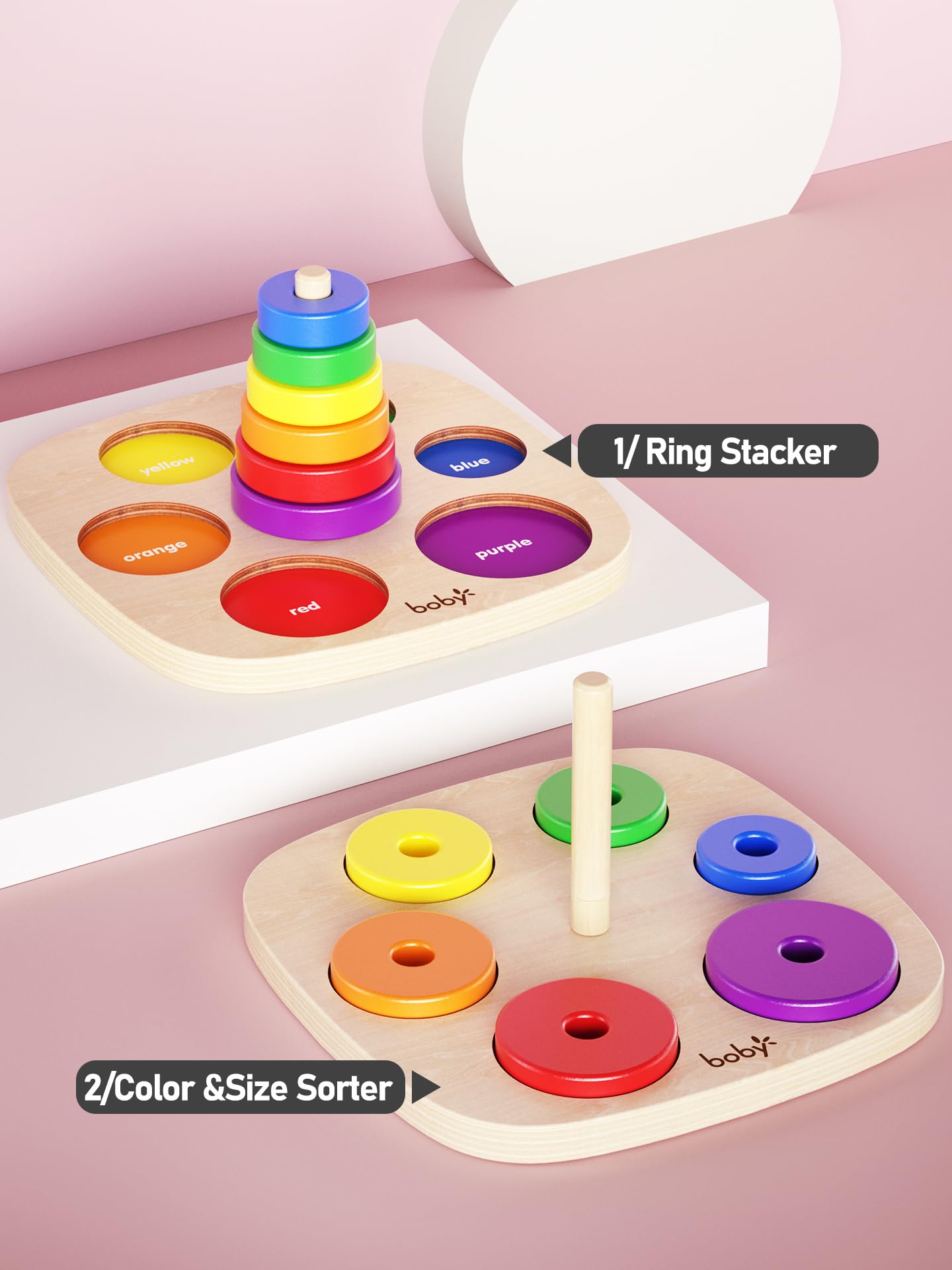 Dailyfunn Montessori Toys Wooden Rainbow Ring Stacker Color Size Learning Sorting Stacking Toy for
