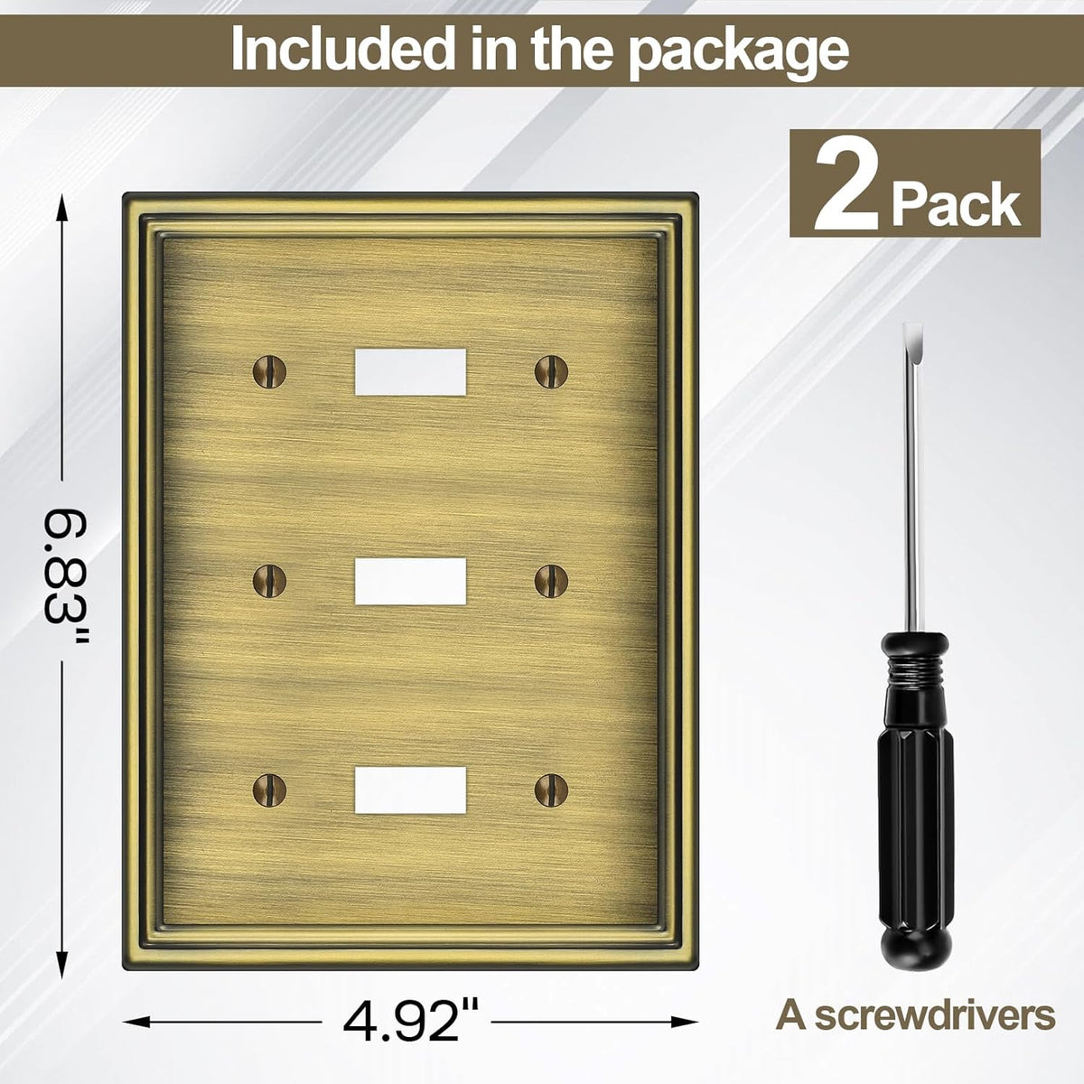 2 Pack Triple Toggle Light Switch Covers Plate, Antique Brass Metal Material Switch Plate Covers, 3