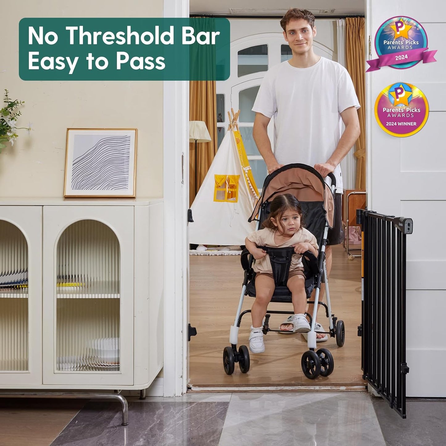 Babelio 26-43" No Bottom Bar Baby Gate for Babies, Elders and Pets, 2-in-1 Hardware Mount Dog Gate