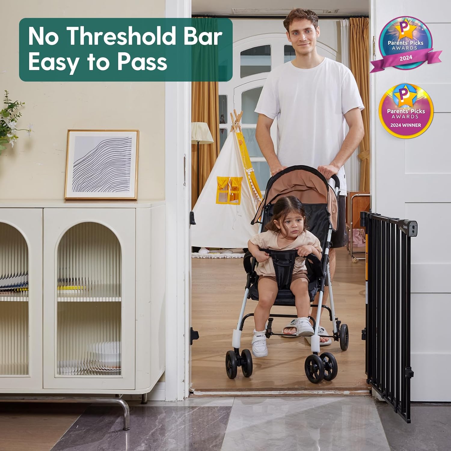 Babelio 26-43" No Bottom Bar Baby Gate for Babies, Elders and Pets, 2-in-1 Hardware Mount Dog Gate