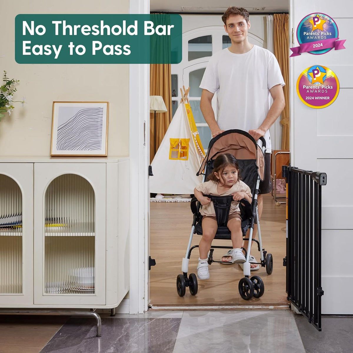 Babelio 34" Extra Tall Baby/Dog Gate with No Threshold Design Walk Thru Door, 26-43" Auto Close