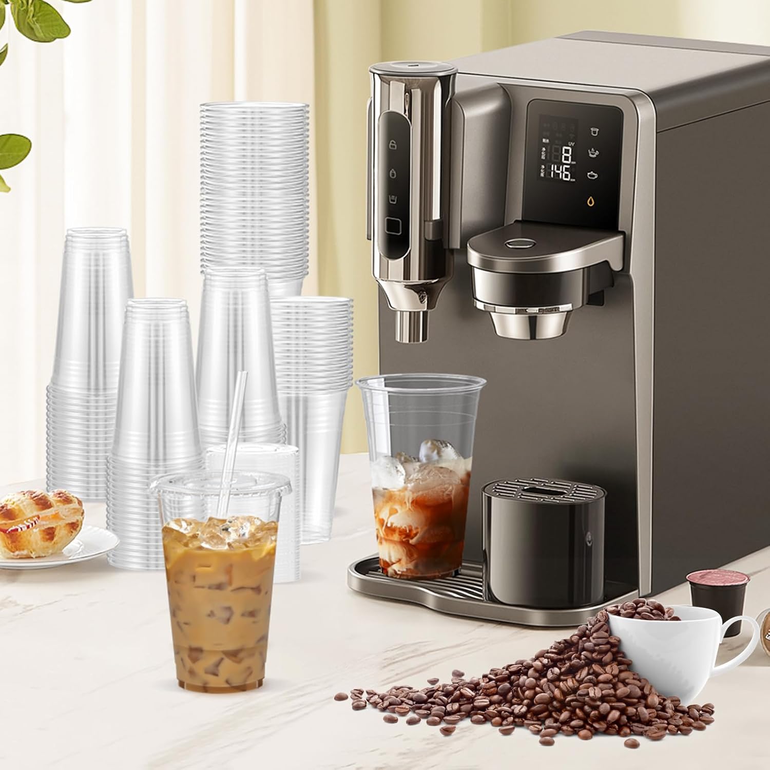 100 Pack - 24 oz Clear Plastic Cups with Lids and Straws, Sturdy & Food Safe Iced Coffee Cups with