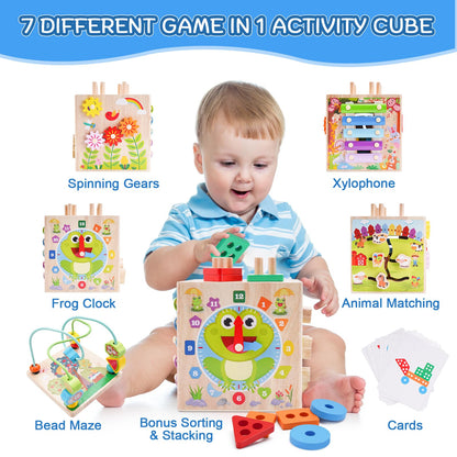 Wooden Activity Cube | Montessori Toys for 1 2 3 Year Old Toddler Gifts