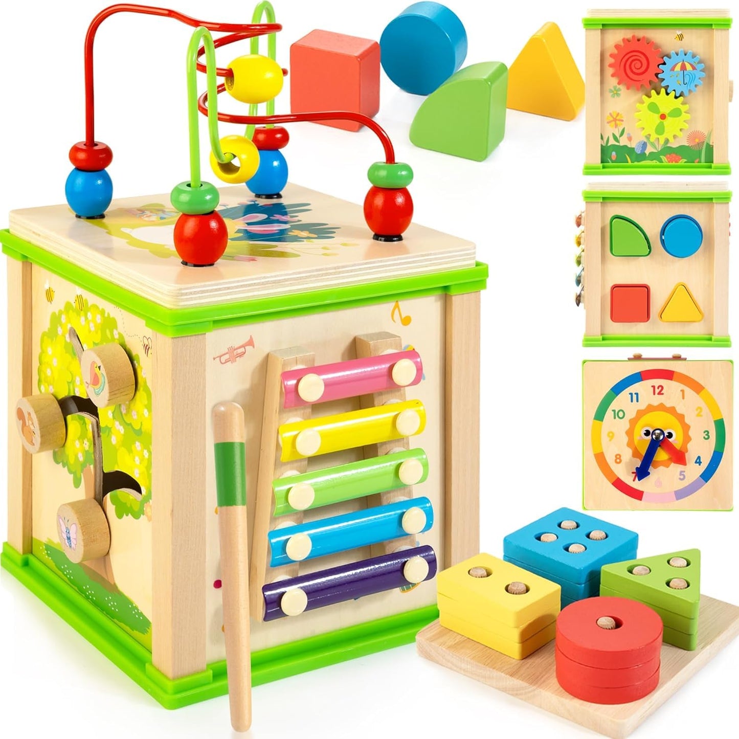 WOODMAM Wooden 7-in-1 Activity Cube, Montessori Toys for 1 2 Year Old