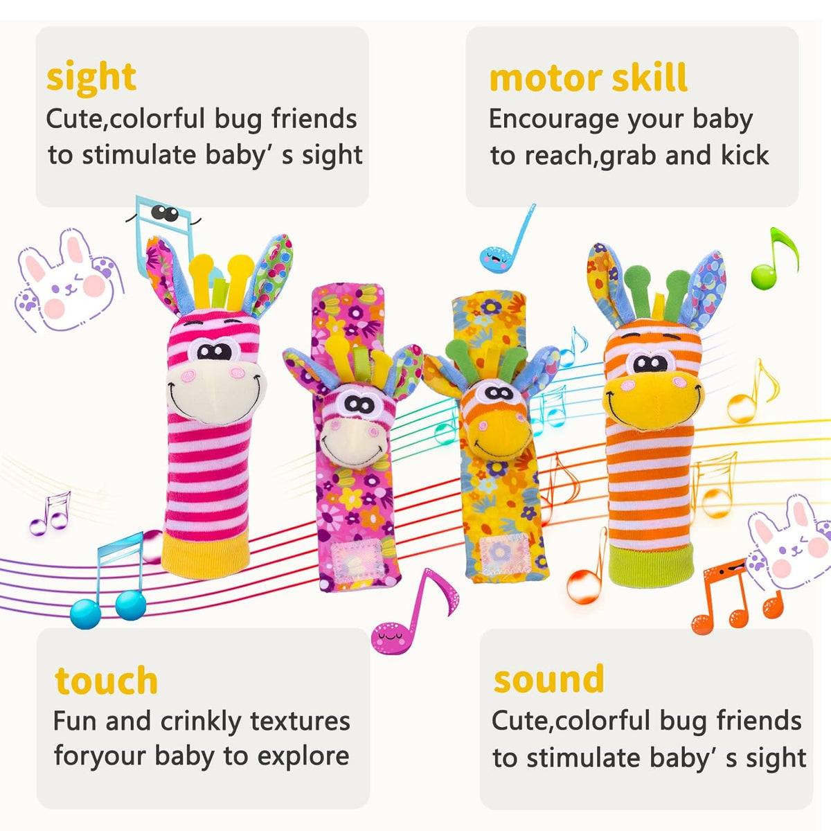 Wrist Rattles Baby Socks Baby Toys Set Soft Sensory Toys for Babies Cartoon Animal Rattles Sock