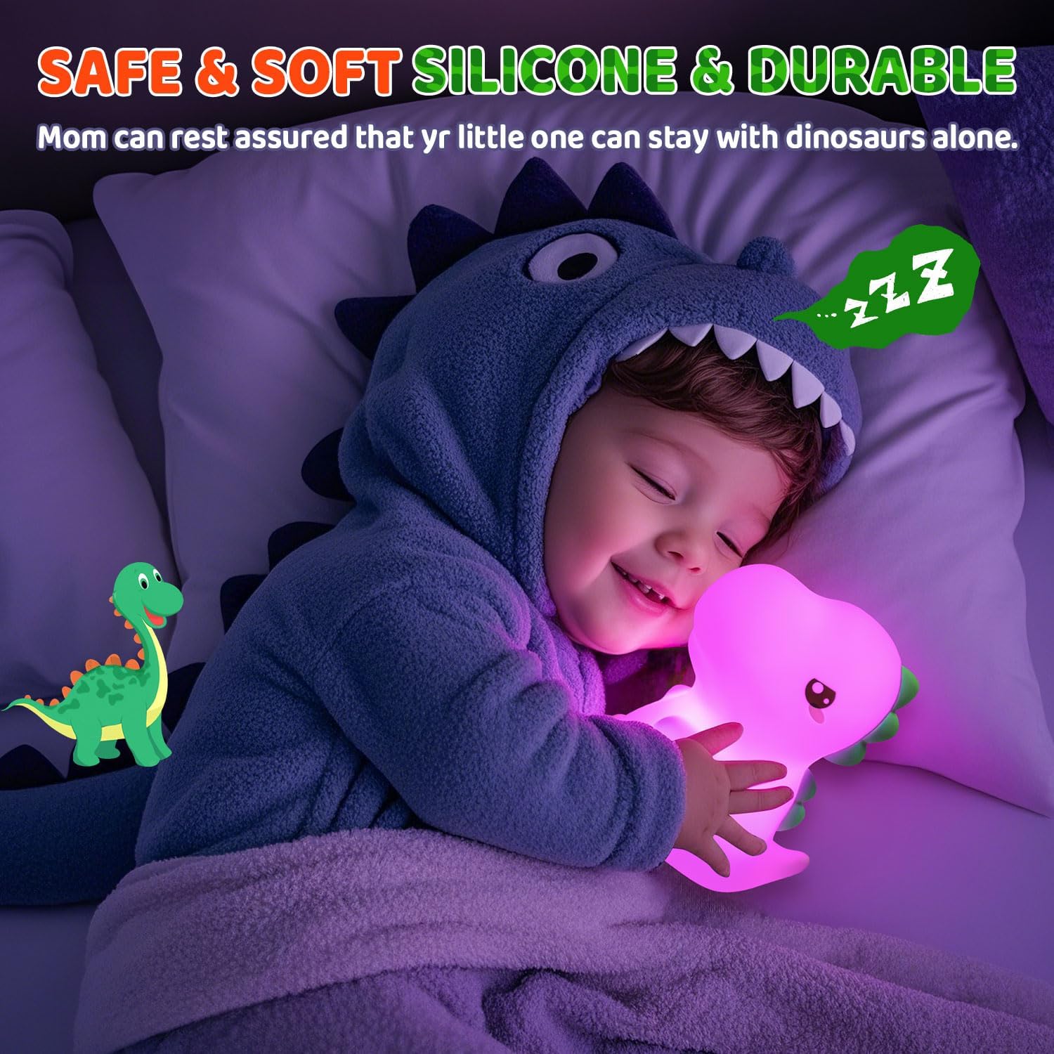 Dinosaur Toys for Kids 3-5, 16 Colors+Silicone+Dimmable+12 Hr Use Night Light for Kids Night Light