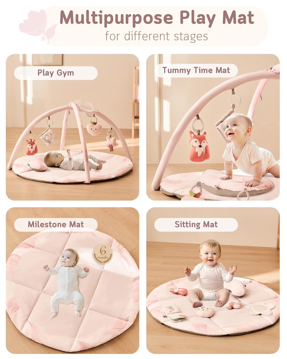 Fortella Baby Play Gym & Activity Mat, Tummy Time Mat w 5 Detachable Toys and Pillow, Large Sensory