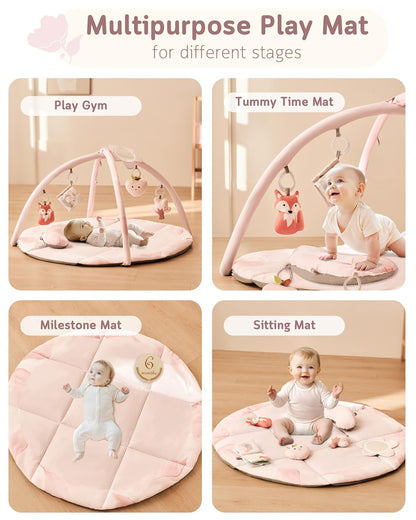 Fortella Baby Play Gym & Activity Mat, Tummy Time Mat w 5 Detachable Toys and Pillow, Large Sensory