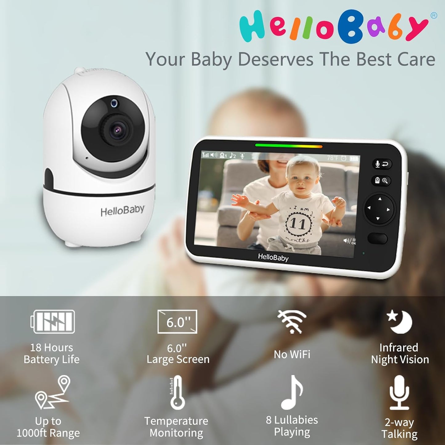 HelloBaby 6'' World First IPS 30H Battery Split-Screen Video Baby Monitor with Camera and Audio, No