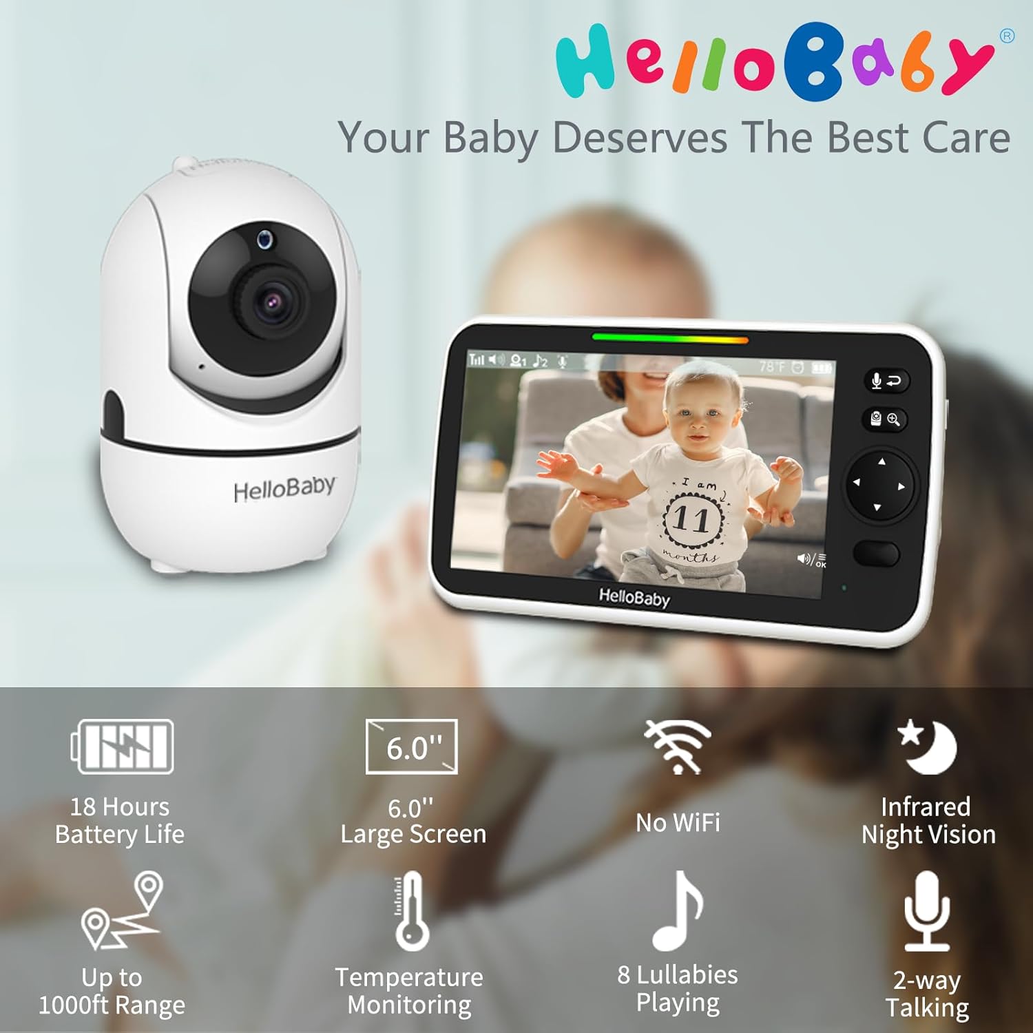 HelloBaby 6'' World First IPS 30H Battery Split-Screen Video Baby Monitor with Camera and Audio, No