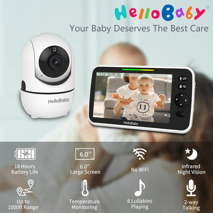 HelloBaby 6'' World First IPS 30H Battery Split-Screen Video Baby Monitor with Camera and Audio, No